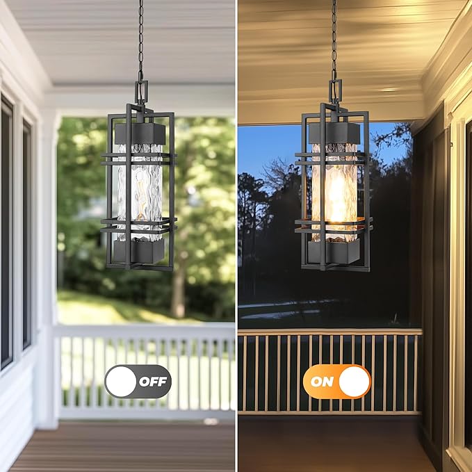 WIHTU Large Outdoor Pendant Light Fixture, Modern Hanging Lantern Ceiling Mount, Anit-Rust Waterproof Chandelier Lighting Exterior with Stone Bubble Glass for Porch, Garage, Gazebo, Patio