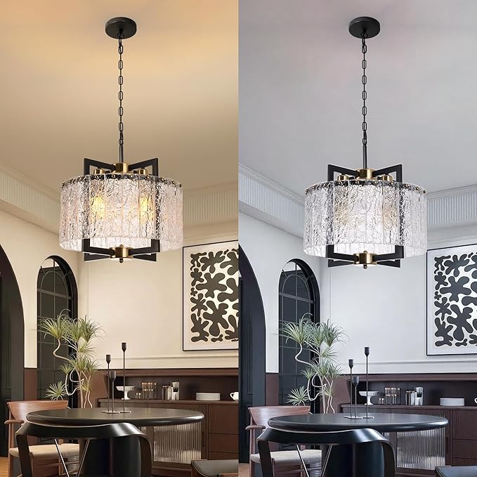 Black Chandeliers for Dining Room,16" Modern Water Ripple Glass Chandelier, Adjustable Height, Elegant Round Crystal Pendant Light Fixture for Kitchen Island Foyer Entryway