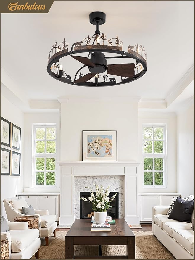 Fanbulous 30 Inch Farmhouse Rustic Ceiling Fan with Light and Remote, Black Chandelier Fan with Bear and Deer Design,Summer Sand Beach Design,Rustic Chandeliers for Living Room, Bedroom