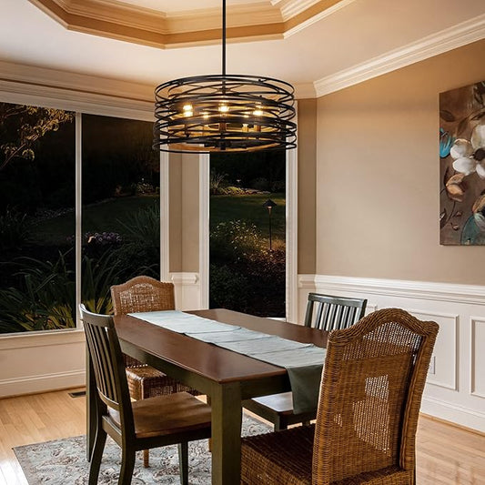 ACNKTZ 19.7'' Farmhouse Dining Room Light Fixture, 5-Light Metal Drum Chandelier, Black with Retro Wood Texture Interior