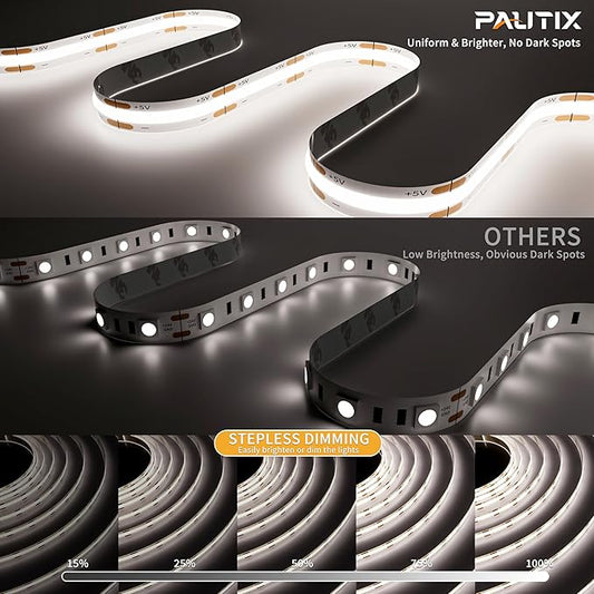 PAUTIX 5V USB COB LED Strip Light 6.56ft/2m 1200lm, Dimmable 640LEDs 6000K Daylight White CRI90+ with RF Remote TV Backlight,Flexible Under Cabinet Tape Light for Bedroom,Kitchen,Home DIY Lighting