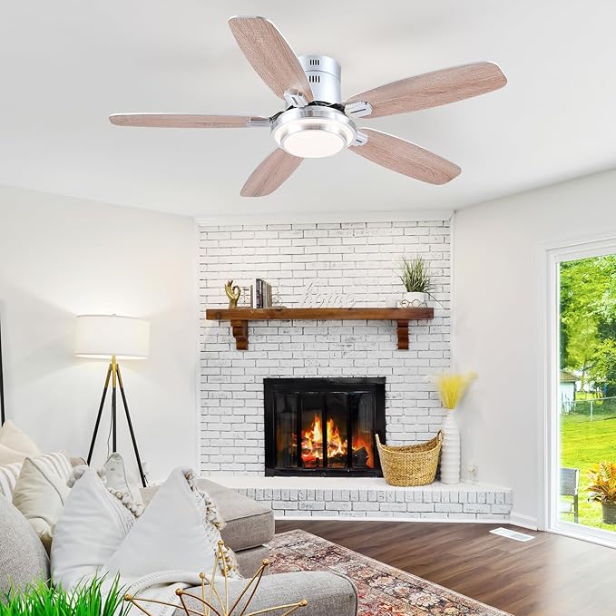Hounberi 50 Inch Low Profile Ceiling Fans with Lights and Remote, Modern Flush Mount Brushed Nickel Ceiling Fan, 3CCT, Dimmable, Quiet DC Reversible Motor, for Bedroom Living Room Indoor/Outdoor Use