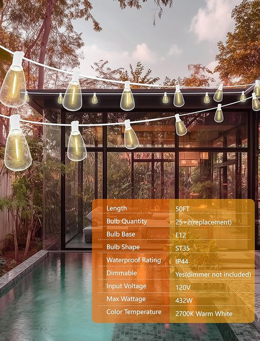 50FT Outdoor LED String Lights, White String Lights with 25 Shatterproof ST35 LED Vintage Edison Bulbs, Waterproof Hanging Patio Lights for Outside Backyard Garden