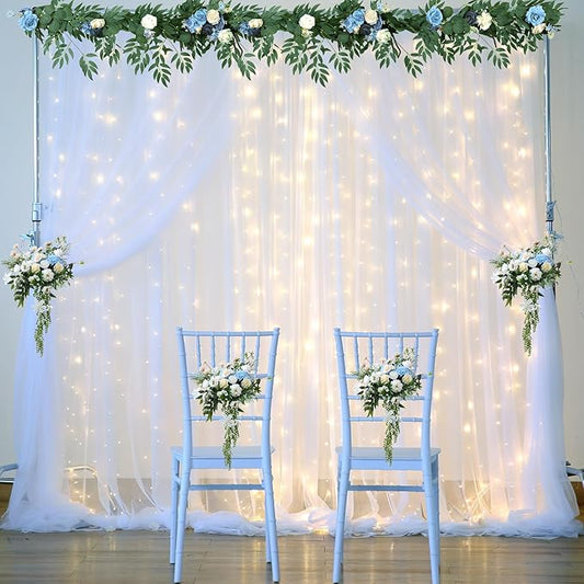 10×15ft White Tulle Backdrop Curtain with Lights String for Parites Sheer Fabric Backdrop Curtains White Curtain Backdrop for Wedding Baby Shower Birthday Party Bridal Shower Photo Shoot Background