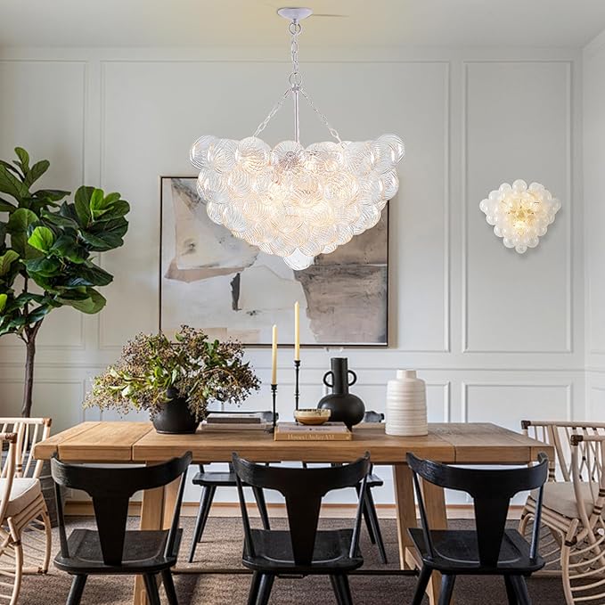 Hand Blown Glass Bubble Ball Chandelier White Finish 32" Pendant Light Fixture Art Deco Cluster Ribbed Glass Swirled Globe Lighting for Bedroom Dining Room Restaurant Bathroom Entry