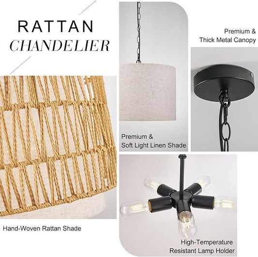Rattan Drum Chandeliers for Dining Room, 19.7" 5-Lights(Bulbs Included) Boho Chandelier Light Fixture, Farmhouse Dining Room Light Fixtures Over Table, Hanging Light for Kitchen, Living Room, Bedroom