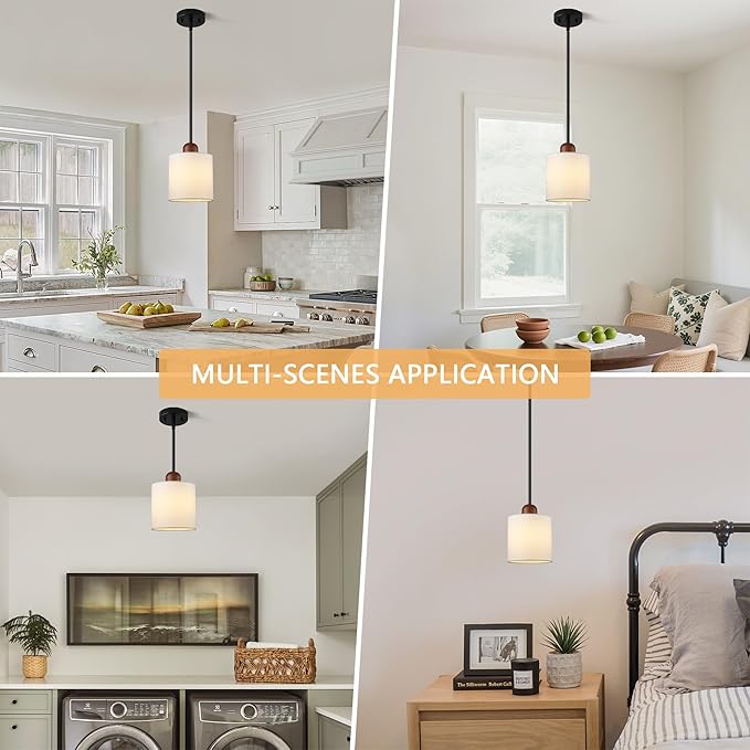 5.9” Drum Pendant Light with White Fabric Shade Modern Hanging Pendant Light Fixture| Adjustable Semi Flush Mount Kitchen Island Dining Room Bedroom Black 1 Pack