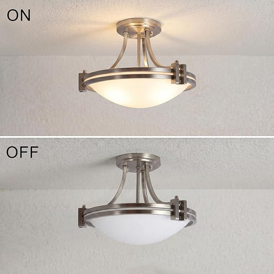 Bektas 12 Inch Semi Flush Mount Ceiling Light Fixture Brushed Nickel with Milk Glass for Bedroom Kitchen Bathroom Hallway Foyer Dining Room Hall Entryway ETL Listed