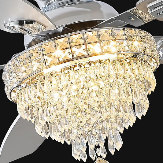 Crystal Ceiling Fan Fandelier with Lights-Ceiling Fans,50" Low Profile and Remote Control, Flush Mount, Reversible, Dimmable, Noiseless,Ceiling Fan for Bedroom(Chrome)