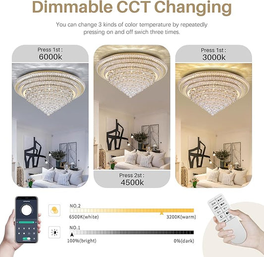 COCOSTAR 40" Gold Crystal Chandeliers, Flush Mount Chandelier LED Ceiling Light, Modern Crystal Raindrop Chandeliers for Dining Room, Living Room, Bedroom