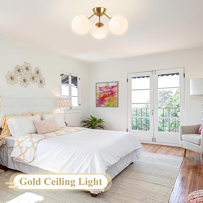 Bagood Mid-Century Modern Semi Flush Mount Ceiling Light 3 Lights Opal Glass Modern Globe Ceiling Light Gold Brass Sputnik Chandeliers for Hallway Entryway Kitchen Bedroom Laundry(Bulb Incl.)