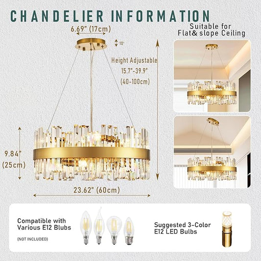 24'' Modern Gold Crystal Chandeliers, 12-Lights K9 Crystal Luxury Raindrop Chandelier Light Fixture,3 Colors Contemporary Pendant Ceiling Light for Dining Room Living Room Entryway Foyer
