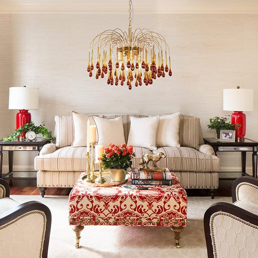 TOCHIC Crystal Gold Chandelier Modern Chandeliers for Dining Room, Raindrop Crystal Chandelier Light Fixture, Vintage Pendant Lighting for Living Room, Bedroom, Bathroom, Foyer, Kitchen Island, 24.5”W