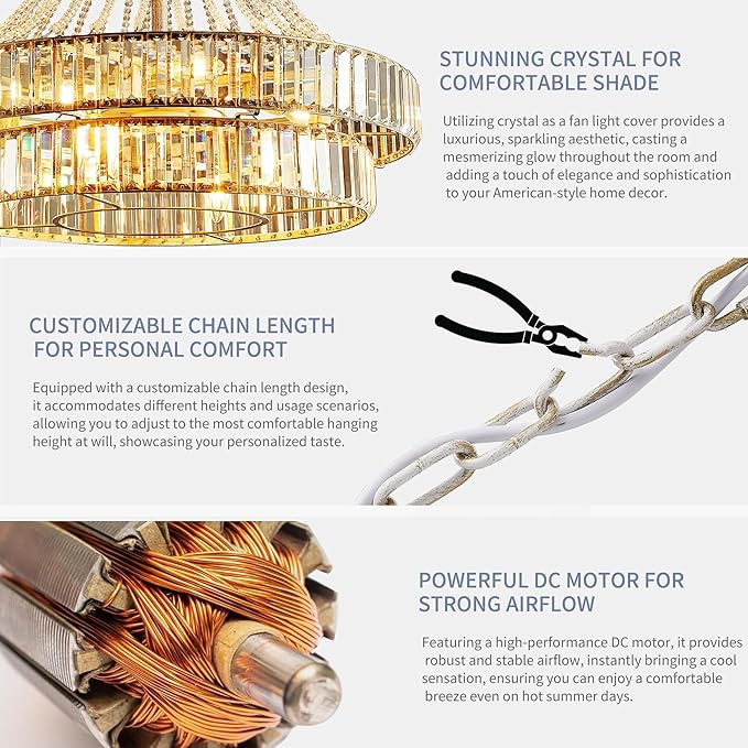 24" Modern Crystal Caged Fandelier, Smart Chandelier Fan with Remote and APP Control, Double Layer Ceiling Fan with Light for Dining Living Room Bedroom, Italian Design-White Gold
