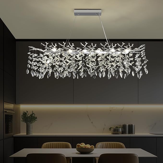 Modern Rectangle Crystal Tree Branch Chandelier, L47.3'' Large Silver Linear Raindrop Indoor Hanging Pendant Light Fixture for Kitchen Island Foyer Living Room Dining Room 14 Lights