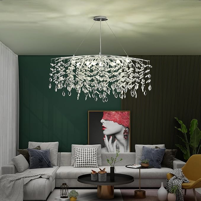 Modern Silver Crystal Tree Branch Chandelier, Rectangle Linear Art Deco Raindrop Lighting Fixture for Dining Room Living Room 12 Lights L40''