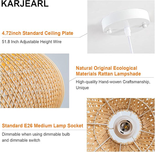 Rattan Pendant Light, 16.5" Hand-Woven Wicker Chandelier Boho Hanging Light Fixture, Farmhouse Natural Raindrop Basket Ceiling Light for Dining Room Kitchen Island Bedroom Living Room, E26