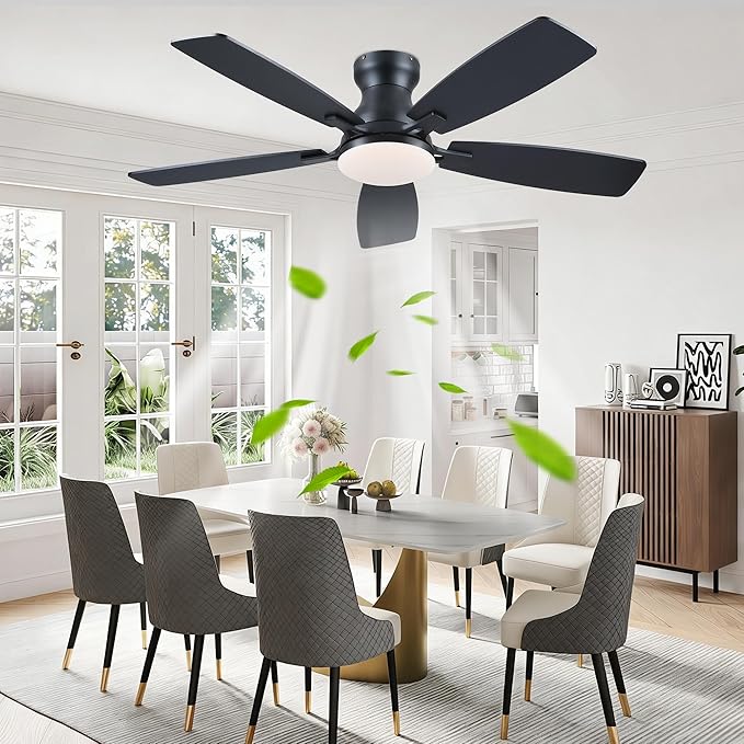 JSAITEE Ceiling Fans with Lights Flush Mount - 46" Low Profile Ceiling Fan with 5 Dual-Sided Blades and 6 Speeds 3CCT Dimmable, Modern Indoor Fan Light Fixtures for Bedroom, Kitchen, Black