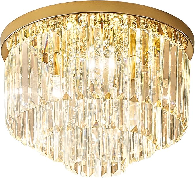 Modern French Gold Crystal Chandelier Ceiling Light,16" Semi Flush Mount 5-Lights 3-Tier Crystal Round Chandelier Light for Bedroom Living Room
