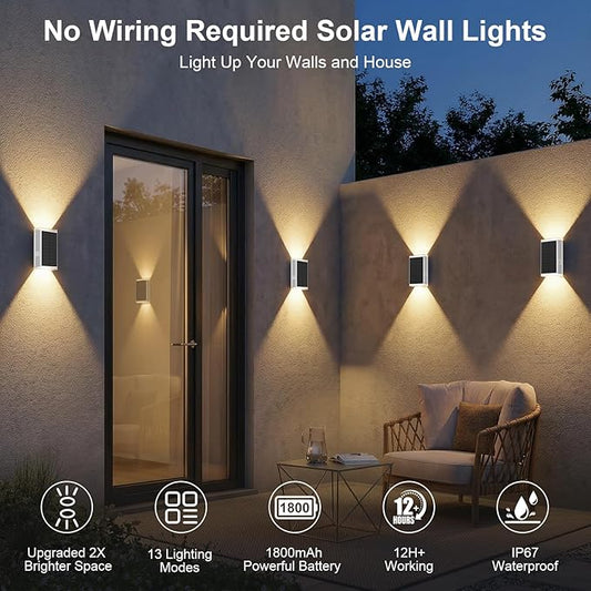 Solar Wall Light Outdoor,3000/4500/6000K/RGB 13 Modes Dusk to Dawn Lighting Solar Sconce Lights IP67 Waterproof Up and Down Solar Lights Outdoor for House /Porch/Fence/Patio/Garage-White Shell (4PCS)
