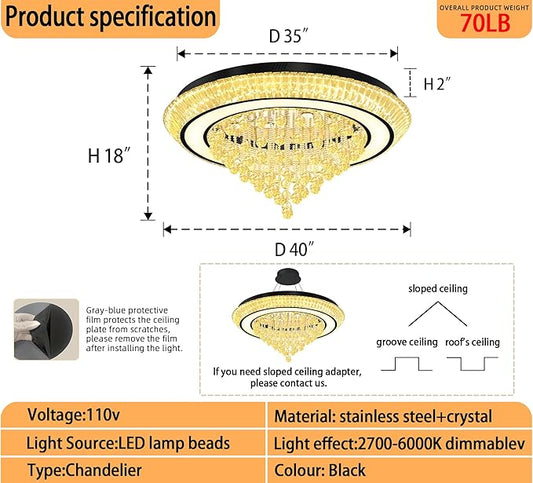 40in Black Flush Mount Chandelier Ceiling Light, Raindrop Chandeliers for Dining Room, Glam Crystal Chandeliers, Modern Led Luxury Chandelier for Living Room, Bedroom