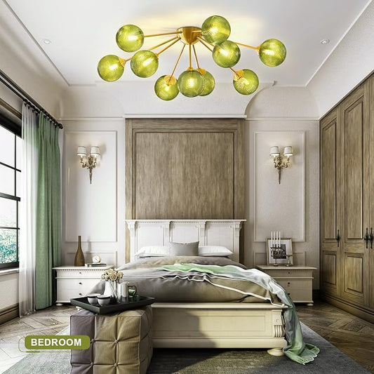 10-Light Gold Sputnik Chandelier, Mid Century Modern Ceiling Light, Green Glass Globes Pendant Lighting Fixture for Dining Room Living Room Kitchen Foyer Entryway Hallway