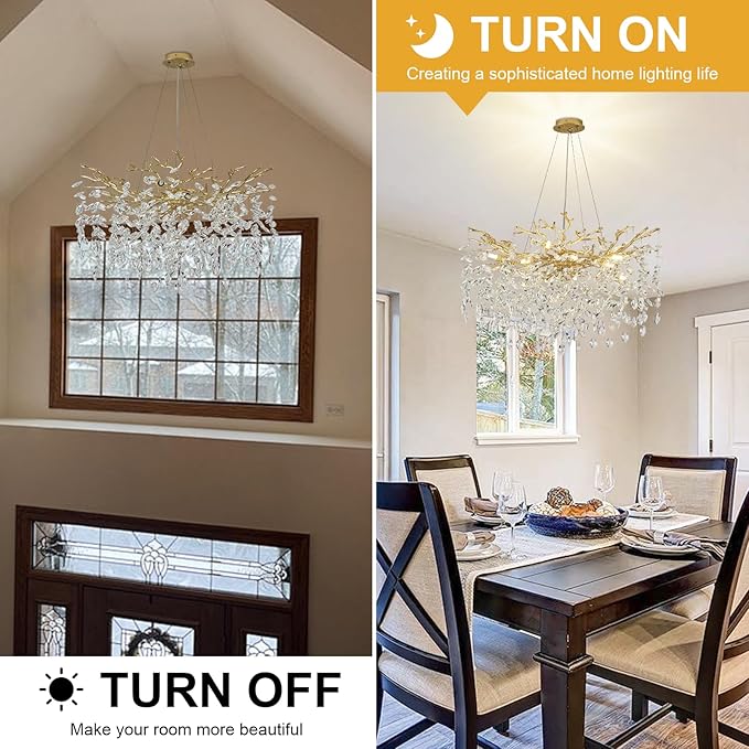 31.5" Modern Crystal Chandeliers for Dining Room,Gold Crystal Tree Branches Chandelier, Round Dining Room Chandelier Over Table, Chandeliers for Living Room, Entryway,Foyer