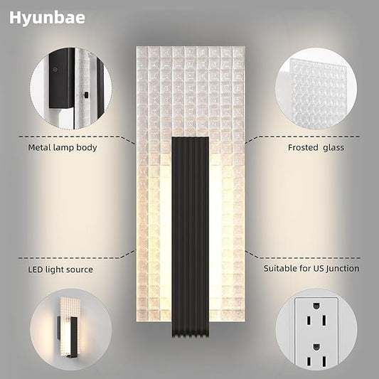 Hyunbae Modern LED Wall Sconces Up and Down Wall Mount Light Black, 3000K Indoor Light Fixtures with Frosted Glass Bathroom Vanity Lights Dimmable Lighting Lamp for Home Stairway Hallway Bedoom