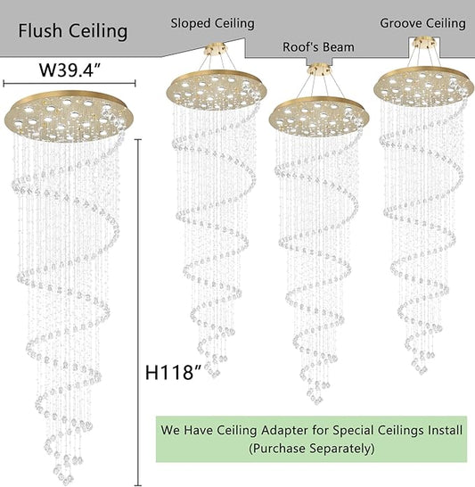 HAIXIANG W40 x H118in Gold Chandelier with LED Bulbs Glam Crystal Light Hight Ceiling Lighting Fixtures for Living Staircase Foyer Entryway