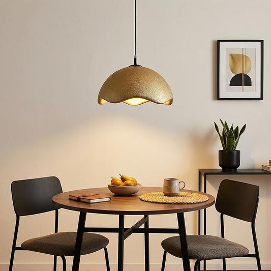 JAYMP 15.7" Modern Pendant Light for Dining Room Kitchen Island Light Hanging Lamp E26 Base Japanese Wabi-Sabi Style Bird Nest Shape Lighting Fixture, 1 Pack (Matte Gold,D Shape, 40cm/15.7inch)
