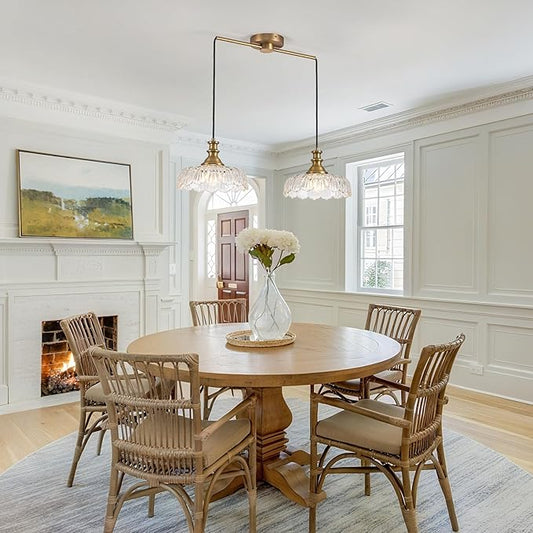 HDDFL Vintage Pendant Lighting Fixtures Modern Glass Hanging Lamp with Adjustable Cord for Kitchen Island Dining Room Hallway 2 Light Brass and Clear