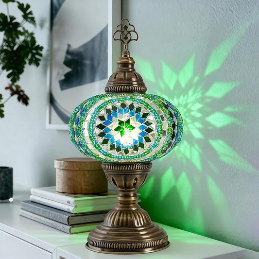 Turkish Mosaic Table Lamp with Bulb – Light Green Handmade Stained Glass Bedside Light, Authentic Turkish Boho Vintage Home Decor with E12 Socket