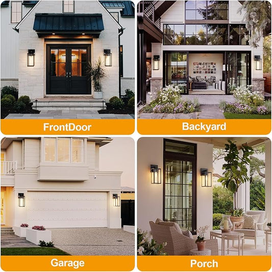 Kalium Porch Wall Lights Outdoor, Waterproof Lanterns with Frame and Clear Glass Shade, Exterior Front Porch Light Matte Black Wall Sconce, Modern Mounted Lighting for Patio Entryway Hallway