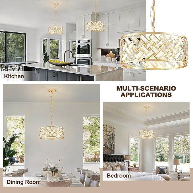 Gold Crystal Chandelier, 4-Light Morden Dining Room Light Fixture,15.16" Round Semi Flush Mount Chandeliers for Kitchen Foryer Entryway Hallway Living Room Bedroom (ETL Listed)
