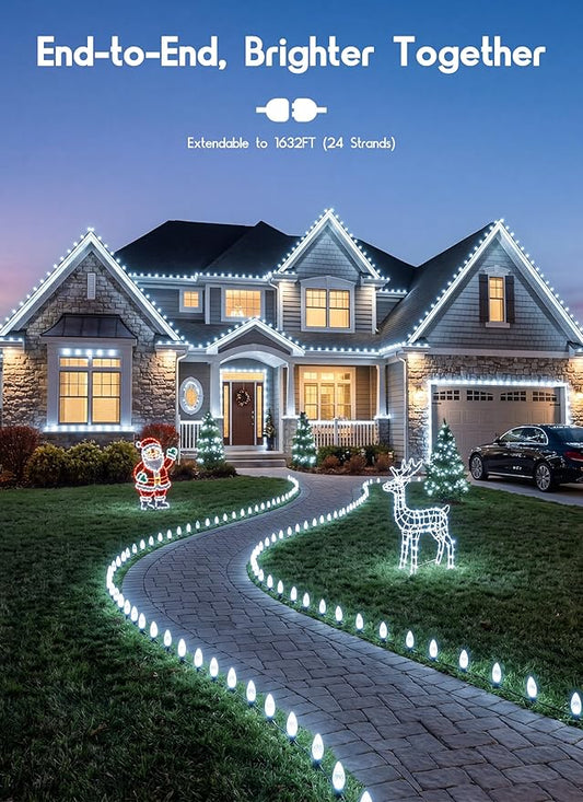 C9 LED Christmas Lights Outdoor, 68 Feet 100 LED Strawberry String Lights with 100 Spring Clamps, Commercial Grade Waterproof Extendable for Outside Roofline Patio Home Xmas Decoration, Pure White