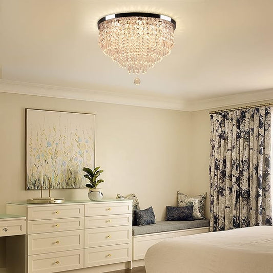 19.7" Crystal LED Flush Mount Ceiling Light, 5-Tier K9 Raindrop Crystals, Chrome Stainless Steel Chandelier Fixture for Bedroom, Living Room & Dining Room 3000K Warm White