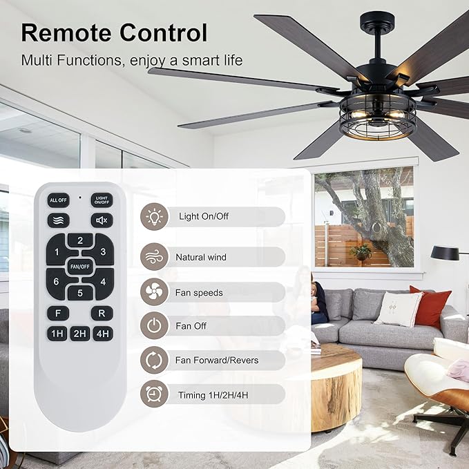 72 Inch Farmhouse Ceiling Fan with Lights and Remote Large Rustic Ceiling Fan Industrial Black Caged Fandelier Chandelier Light, Reversible Quiet DC Motor 6 Speeds for Indoor Outdoor