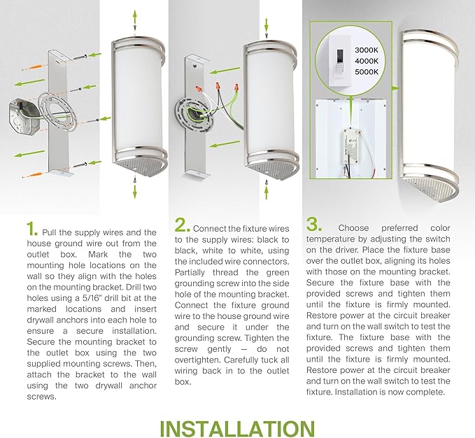 ASD LED Indoor Wall Mount Light Fixture - 14 Inch 20W Modern Interior Nickel Dimmable Wall Sconce Light - ETL 3000K 4000K 5000K Adjustable - Hallway, Bedroom LED Wall Lights