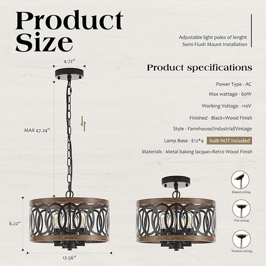 4-Light Farmhouse Drum Pendant Light,12.56'' Nature Wood Texture Vintage Rustic Chandeliers Black Metal Industrial Hanging Light Fixtures for Entryway, Bedroom Dining Room