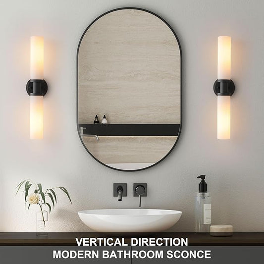 Wall Sconces Set of Two,Matte Black Bathroom Sconces Wall Lighting with White Glass, Modern Sconces Wall Decor Set of 2 Wall Light fixtures for Bathroom Mirror Living Room Hallway Bedroom Wall Lamp