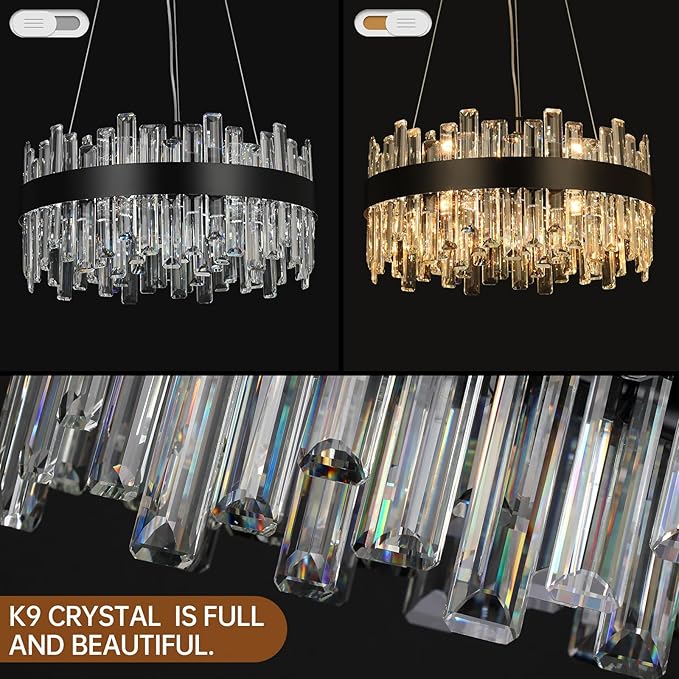Crystal Chandeliers for Dining Room Lights Fixtures, 12 Lights Luxury Black Modern Chandeliers for Bedroom, 2-Tier Round Crystal Lighting Fixtures for Living Room Entryway Kitchen Island D20 Inch
