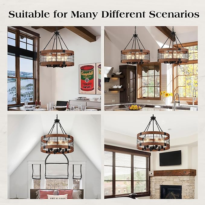 6-Light Farmhouse Drum Wood Pendant Light,20.55'' Vintage Rustic Brown Oak Wood Chandeliers,Retro Industrial Hanging Light Fixtures for Dining Room Entryway, Bedroom