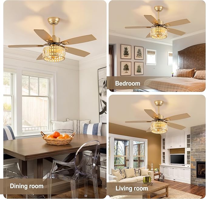 Chandelier Ceiling Fans with Lights and Remote,Caged Ceiling Fan with Light,App 5 Blades E26 Fandelier Ceiling Fans with Lights,Crystal Ceiling Fan for Bedroom,Living Room. (Gold, 42 Inch)