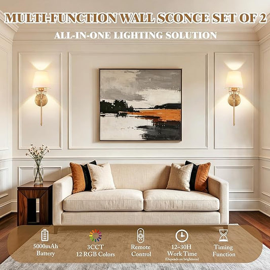 Battery Operated Wall Sconce Set of 2, Gold Rechargeable Wireless Wall Lights, with 5000mAh RGB Dimmable Bulbs and Remote, 15 Colors Wall Lamps Sconces Wall Decor for Bedroom Living Room Hallway