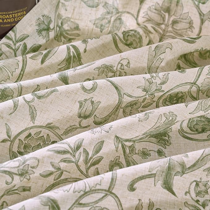 jinchan Small Window Curtains 45 Inch Linen Floral Curtain Set for Kitchen Bathroom Cafe Curtains Light Filtering Window Treatment Farmhouse Cottagecore Back Tab Drapes 2 Panels Green on Beige