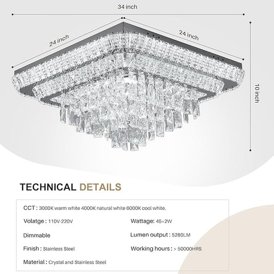 COCOSTAR Crystal Chandeliers, Modern Led Luxury Chandelier, 34" Suqare Flush Mount Chandelier Ceiling Light, Raindrop Chandeliers for Dining Room, Living Room, Bedroom