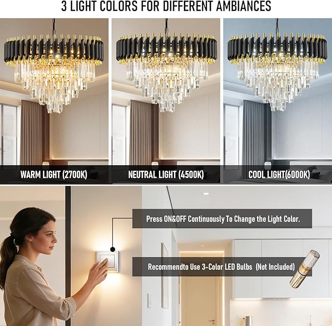 24" Modern Black and Gold Crystal Chandelier for Dining Room,5-Tier 10 Lights K9 Crystal Large Pendant Light Chandeliers Luxury Round Ceiling Light Fixture for Living Room Entryway Foyer