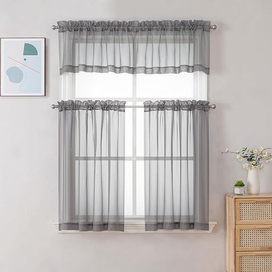 Gwine Charcoal Grey Sheer Curtains 30 Inch Length, Short Light Filtering Voile Small Cafe Kitchen Curtains with Rod Pocket, Short Curtain for Bathroom Window, 42x30 Inch, 2PCS