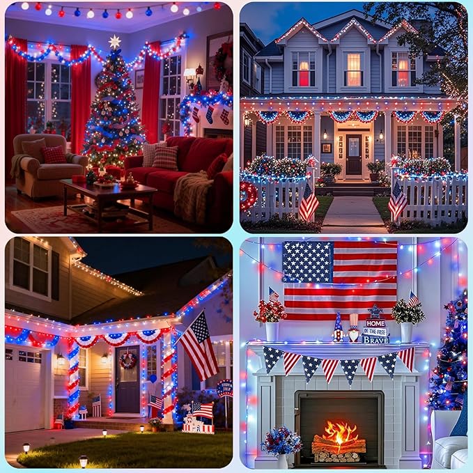 Pooqla 500 LED 164 FT Red White and Blue Lights, 4th of July Patriotic Decoration Twinkle Lights, 8 Modes Plug in 4th of July String Lights for Indoor Outdoor Independence Day Decorations, Green Wire