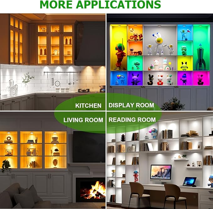 AIBOO Under Cabinet Lighting Kit, 16 Pack Dimmable RGB and CCT LED Puck Lights with Timer Function, Wireless Remote Control, Linkable Design, Ideal for Kitchen, Living Room, and Display Shelves